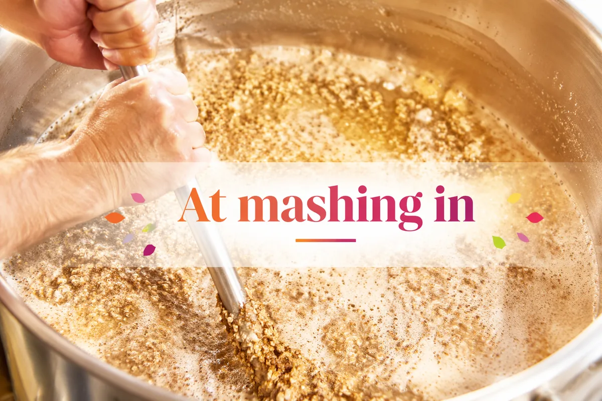 Brewer stirring grain and water in a stainless mash tun at mashing in, the point where viscosity enzymes are added